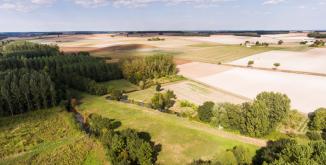 paysage agricole composé de petits boisements au bord d'un cours d'eau et de champs cultivés en céréales